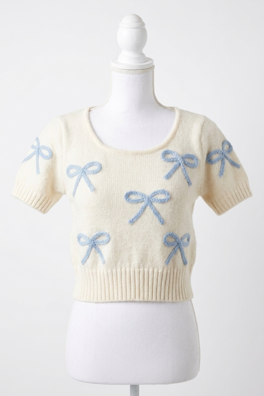 NEW ANNIEWEAR sawyer short sleeve sweater in ivory/blue